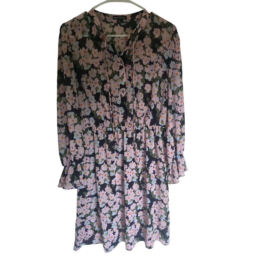 J.Crew‎ Mercantile Floral Mini Dress Pink Navy Long Sleeve Ruffle Cuff Size M
